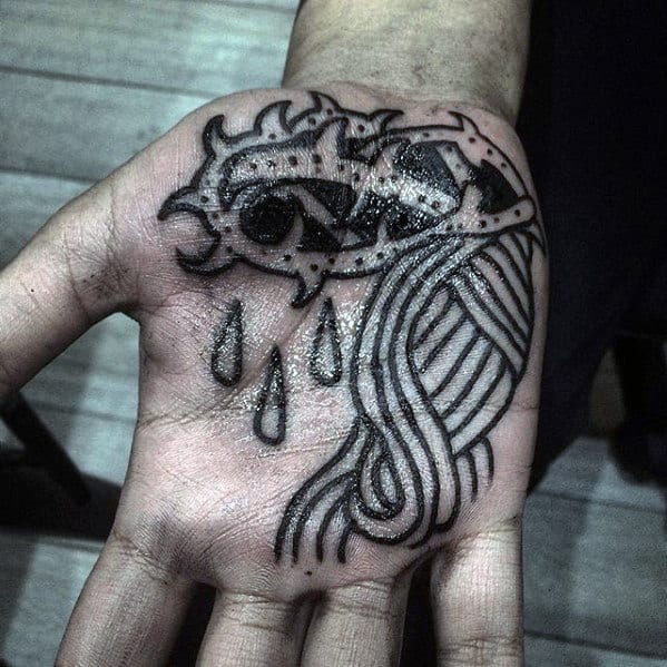 Old School Guys Palm Crown Of Thorns Black Ink Outline Tattoo