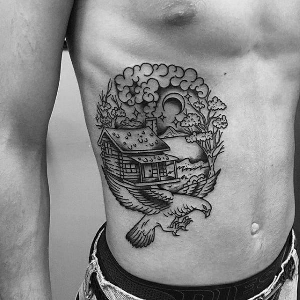 Old School Guys Rib Cage Ide Cabin Bird Tattoo Design Ideas