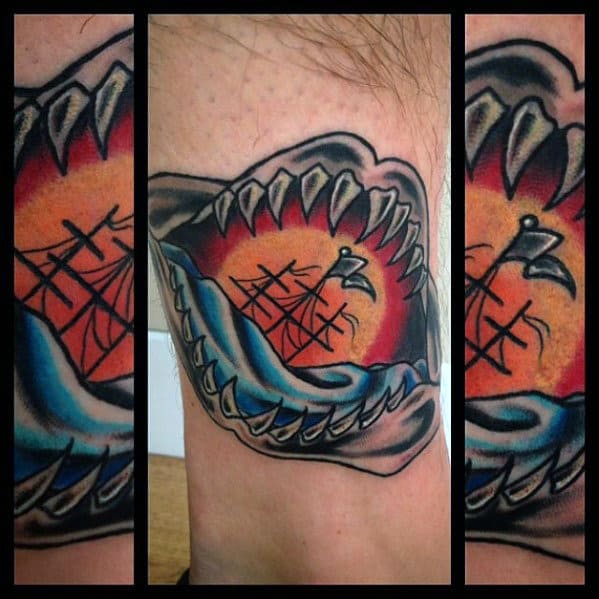 Old School Guys Ship At Sea Shark Jaw Lower Leg Tattoos