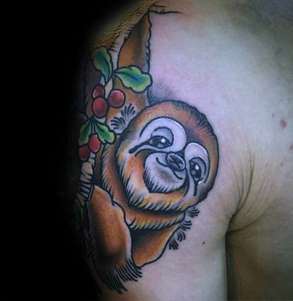 Old School Guys Sloth Shoulder Tattoo Designs