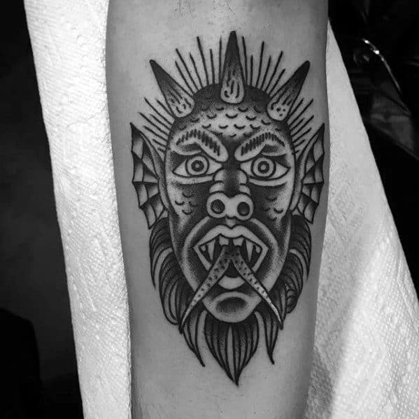 Old School Guys Traditional Devil Tattoo On Inner Forearms
