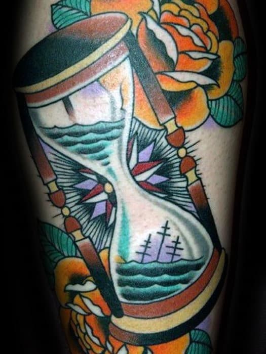 Old School Guys Traditional Hourglass Sunken Ship Tattoo On Arm