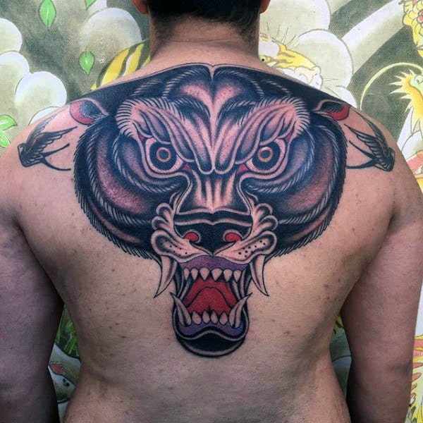 Old School Guys Upper Back Wolf Tattoo