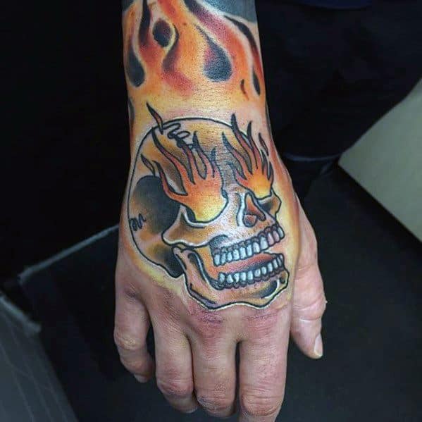 Old School Hand Flaming Skull Guys Tattoo Ideas