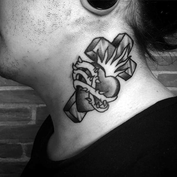 Old School Heart With Cross Simple Christian Neck Tattoos For Men
