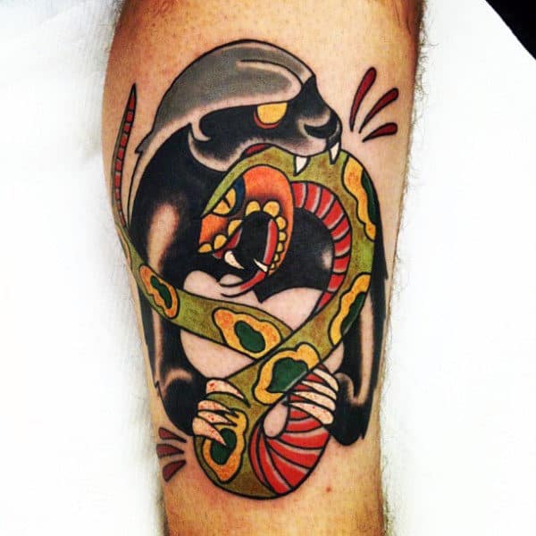 Old School Honey Badger Mens Traditional Leg Tattoos