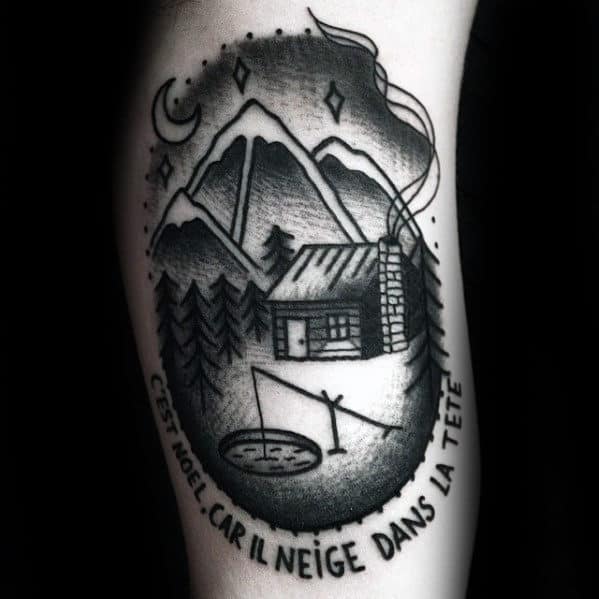Old School Ice Cabin Mens Arm Tattoo Design Ideas