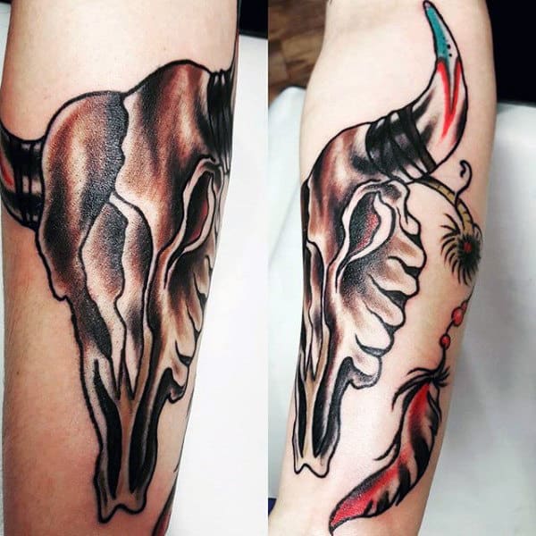 Old School Inner Forearm Bull Skull Tattoo For Guys