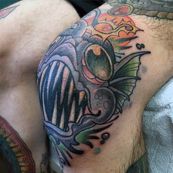 Old School Knee Cap Masculine Angler Fish Tattoos For Men