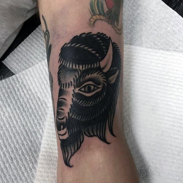 Old School Male Bison Black Ink Arm Tattoo