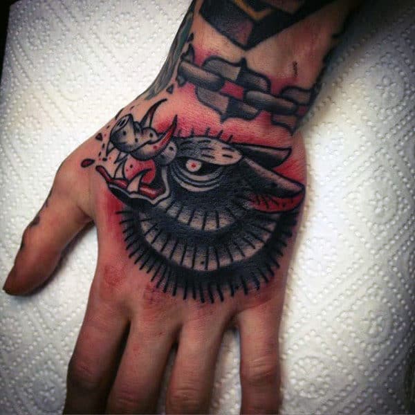 Old School Male Boar Hand Tattoo