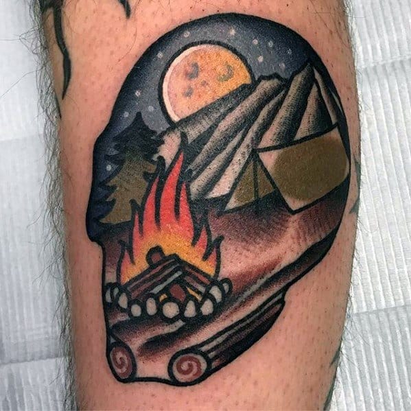 Old School Male Leg Skull Shaped Tent Tattoo Designs