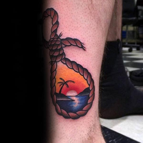 Old School Male Noose Sunset Ocean Beach Lower Leg Tattoos
