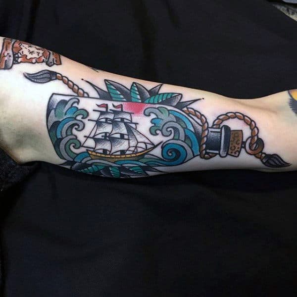 Old School Male Ship In A Bottle Arm Tattoo
