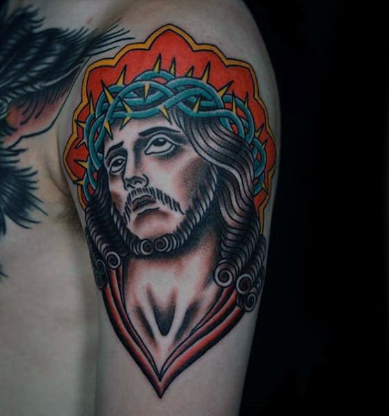 Old School Male Upper Arm Jesus Tattoo Inspiration