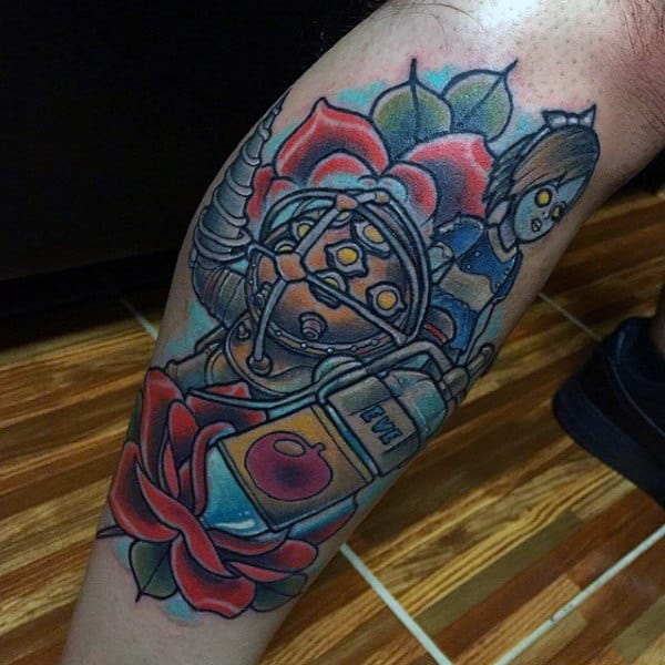 Old School Mens Bioshock Leg Tattoo Ideas