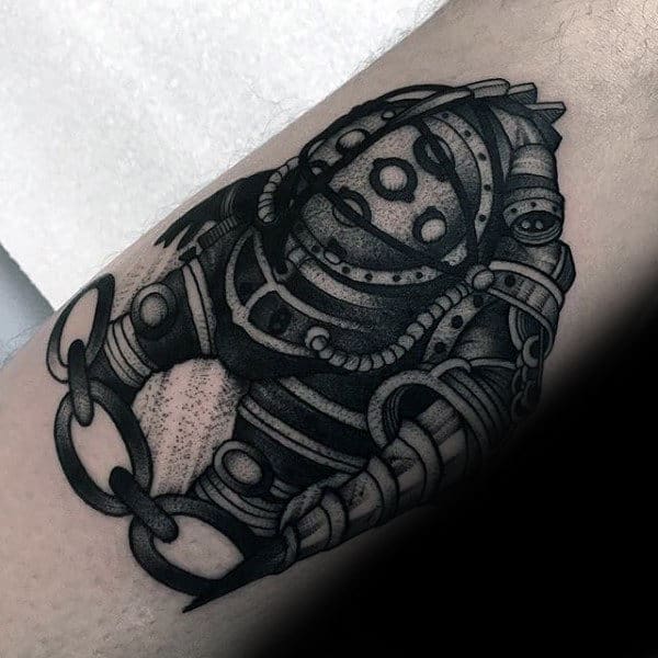 Old School Mens Black And Grey Shaded Bioshock Chain Tattoo