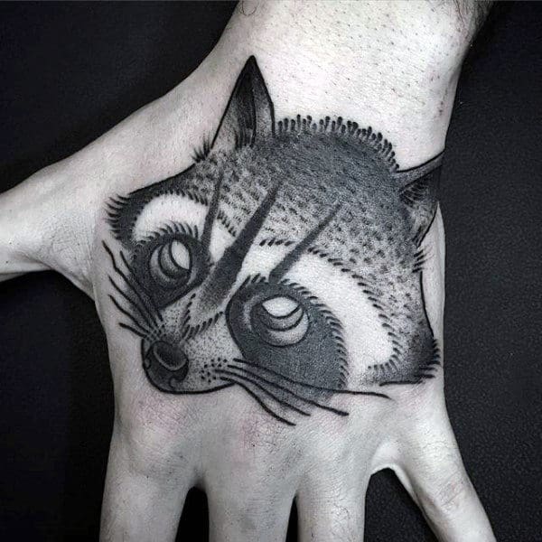 Old School Mens Black Ink Shaded Raccoon Hand Tattoo Design
