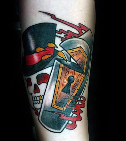 Old School Mens Coffin And Skull Keyhole Tattoo On Arm