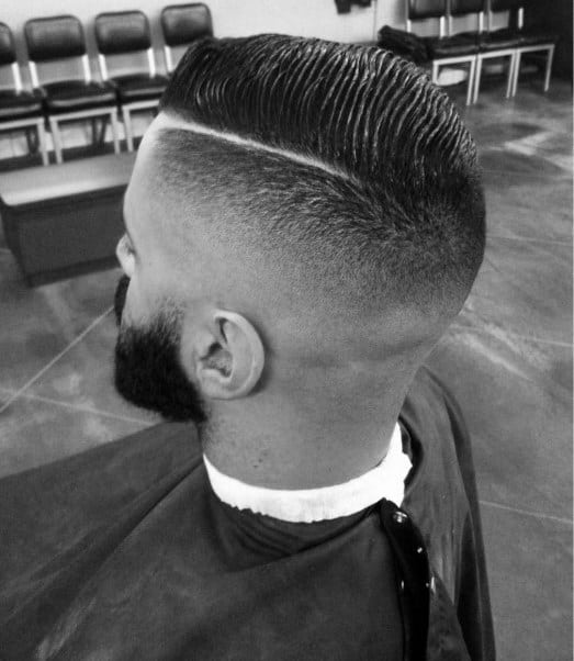 Old School Mens Comb Over Haircut With Fade And Hard Part Shaven Line