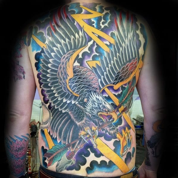 Old School Mens Eagle Storm Clouds Full Back Tattoo