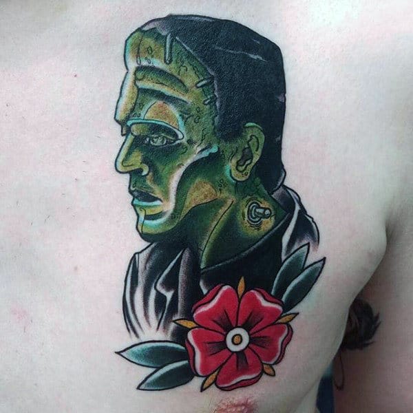 Old School Mens Frankenstein Flower Tattoo On Chest