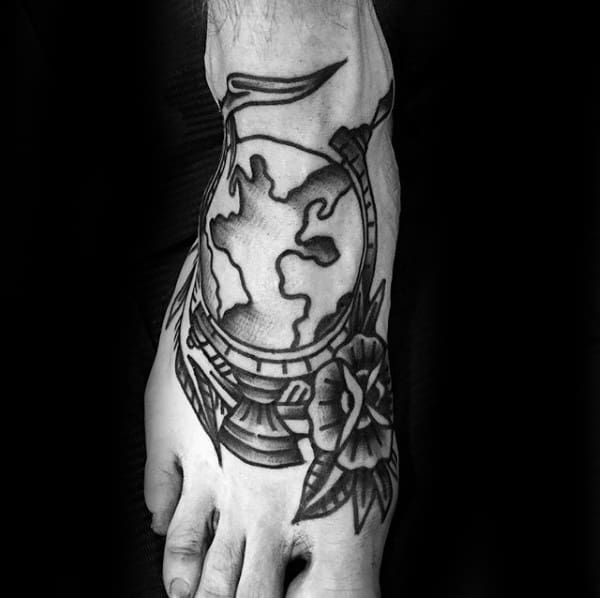 Old School Mens Globe Foot Tattoo Design Ideas