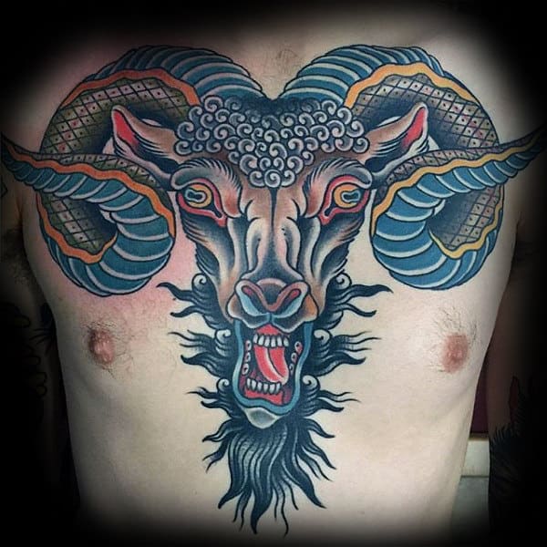 Old School Mens Goat Chest Tattoo Designs