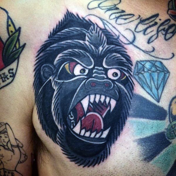Old School Mens Gorilla Upper Chest Tattoos