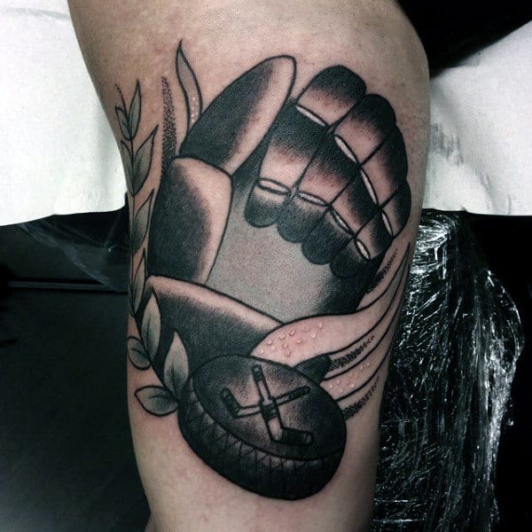 Old School Mens Hockey Glove With Puck Arm Tattoo Design Ideas