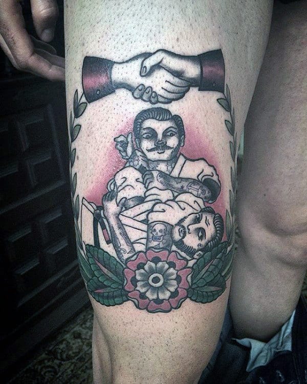 Old School Mens Jiu Jitsu Traditional Thigh Tattoos