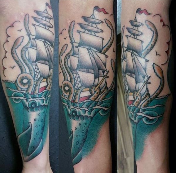 Old School Mens Kraken Sailing Ship Forearm Male Tattoos