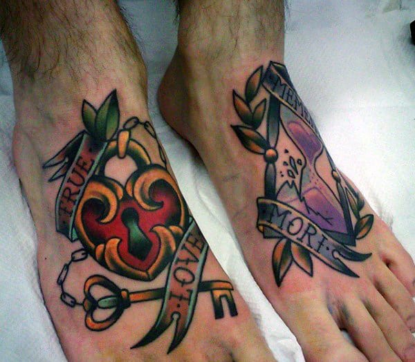Old School Mens Lock Foot Tattoos