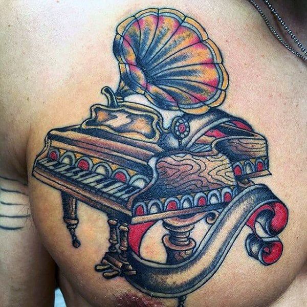 Old School Mens Piano Traditional Chest Tattoos