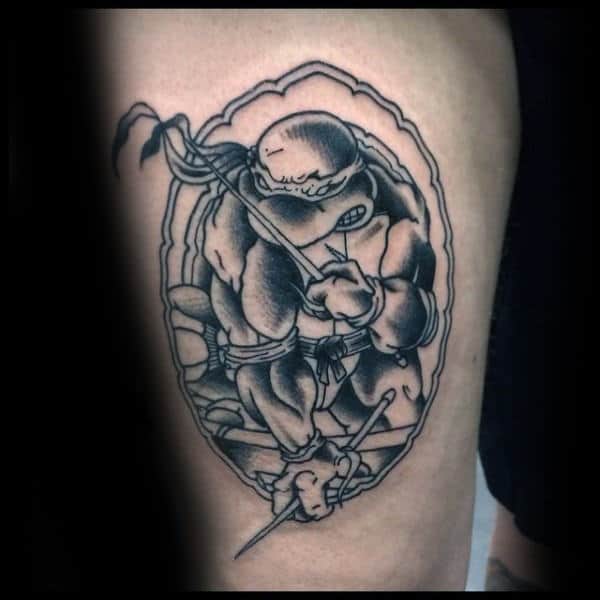 Old School Mens Shaded Teenage Mutant Ninja Turtle Thigh Tattoos