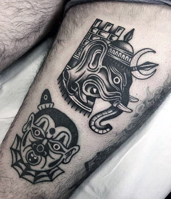 Old School Mens Small Clown Thigh Tattoo