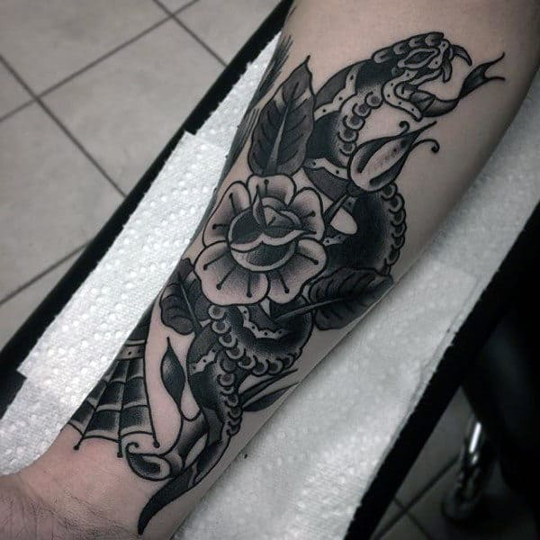 Old School Mens Snake And Rose Flower Shaded Inner Forearm Traditional Tattoos