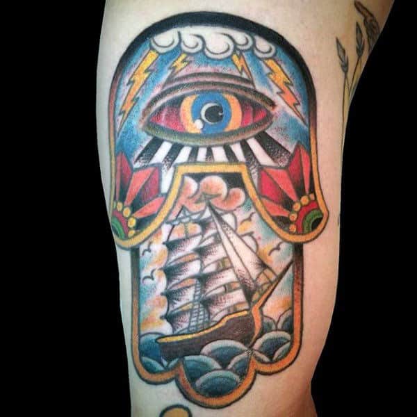 Old School Mens Traditional Hamsa Bicep Tattoo With Sailing Ship Design