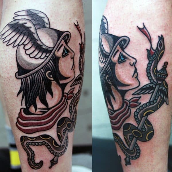 Old School Mens Traditional Hermes Leg Tattoo