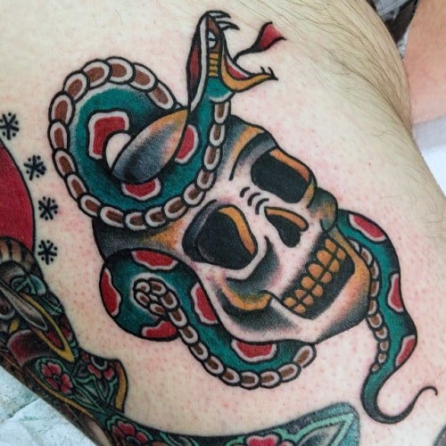 Old School Mens Traditional Snake Skull Arm Tattoos