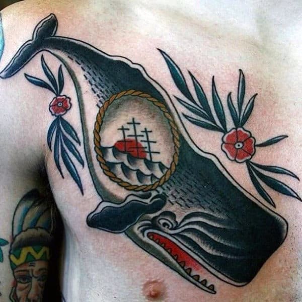 Old School Mens Traditional Whale Chest Tattoo