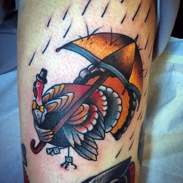 Old School Mens Turkey With Umbrella Tattoo On Arm