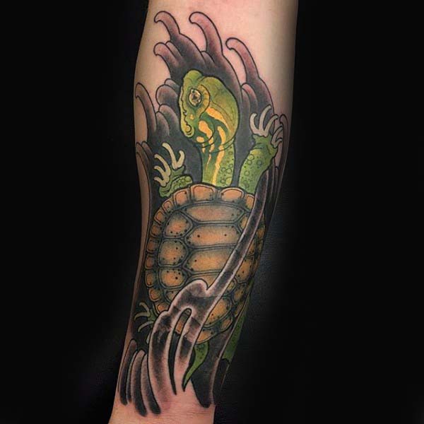 Old School Mens Turtle Ocean Waves Forearm Tattoos