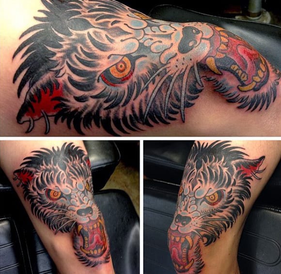 Old School Mens Wolf Knee Tattoos