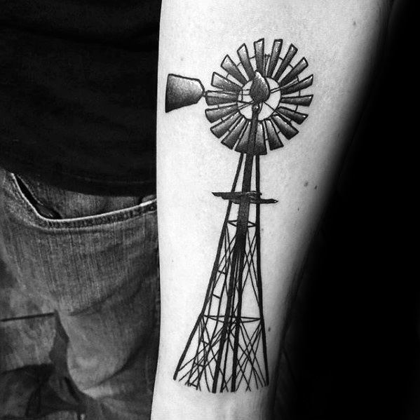 Old School Metal Windmill Mens Inner Forearm Tattoo