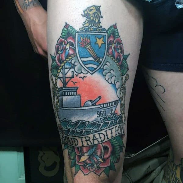 Old School Navy Thigh Tattoos For Guys