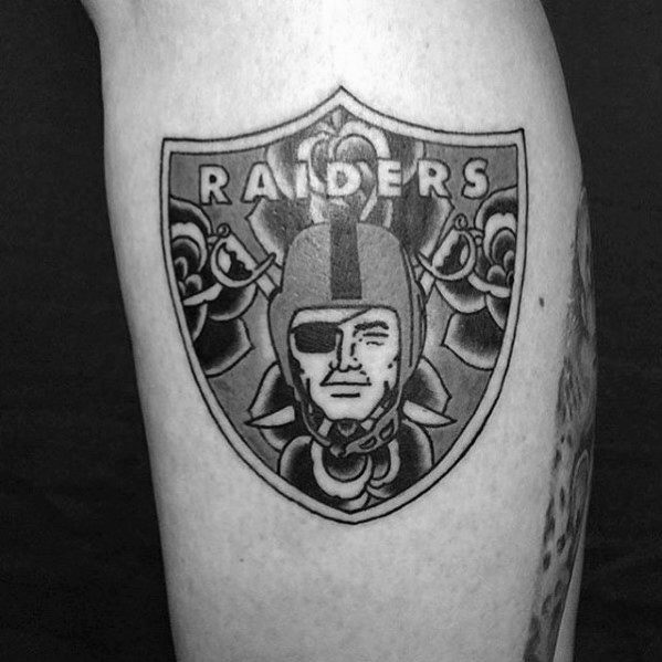 Old School Oakland Raiders Rose Flower Guys Leg Tattoo