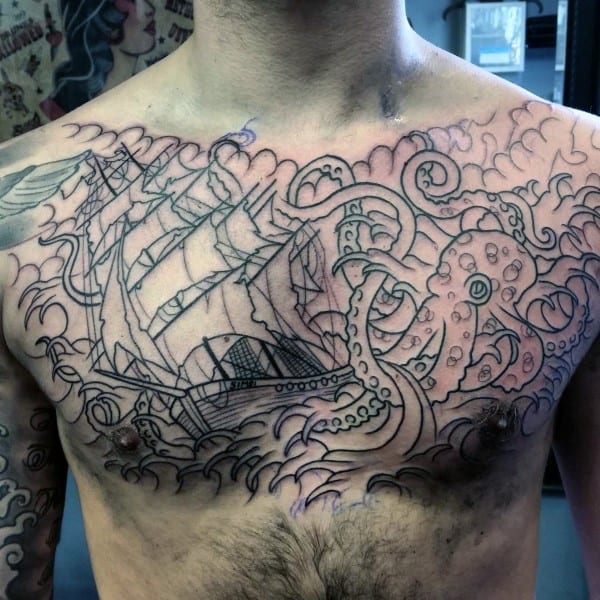 Old School Outline Black Ink Kraken Chest Tattoos For Gentlemen