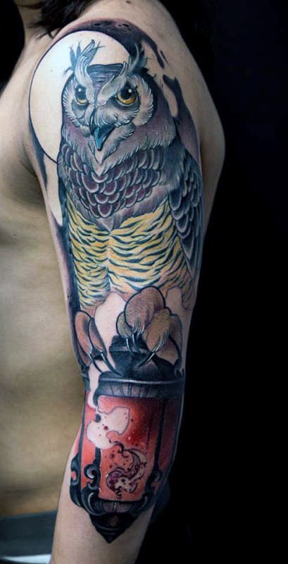 Old School Owl Men's Tattoo Half Sleeve