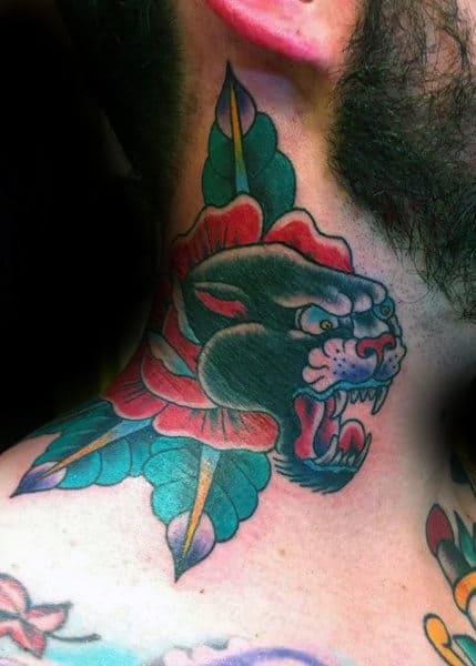 Old School Panther With Traditional Red Rose Flower Guys Neck Tattoos